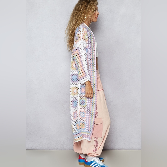 POL Pastel Crochet Granny Square Duster Kimono Cardigan OSFA - Picture 5 of 11